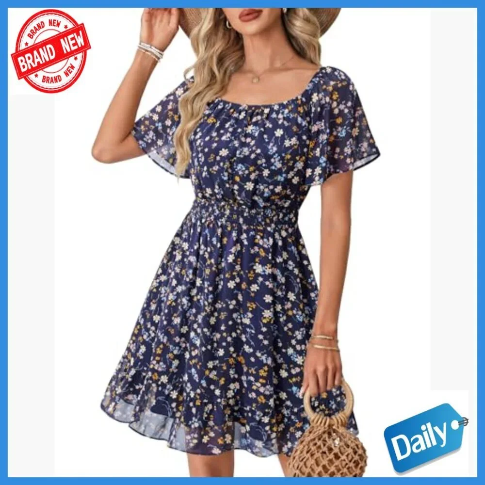 Flutter Sleeve Chiffon Sundress A-Line Knee-Length Casual Summer Dress